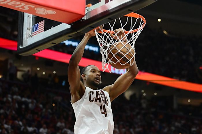 Apr 18, 2023; Cleveland, Ohio, USA; Cleveland Cavaliers forward Evan Mobley (4) during the second half of game two against the New York Knicks in the 2023 NBA playoffs at Rocket Mortgage FieldHouse.